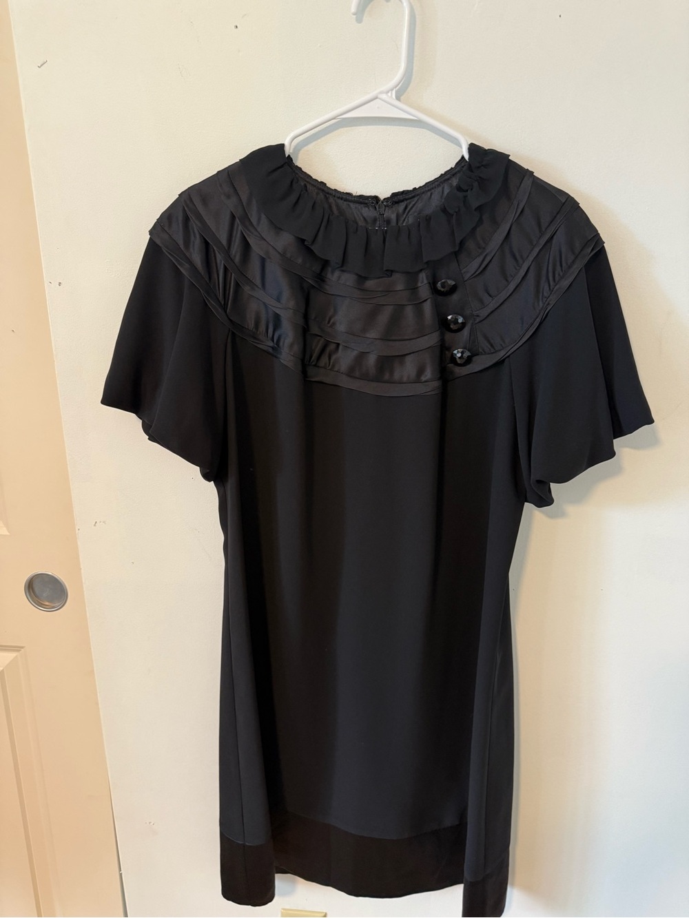 Black Ruffle Yoke Short Sleeve Tunic Dress